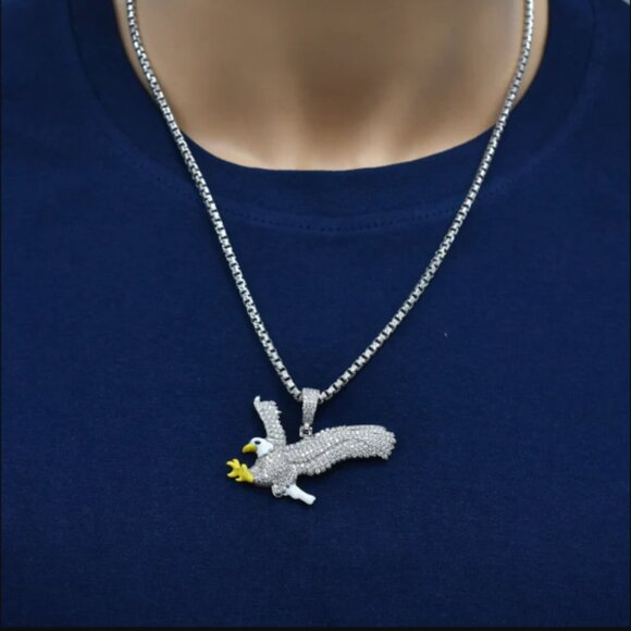Sterling Silver 925 Rhodium Plated Eagle White Yellow Enamel Iced Out Pendant